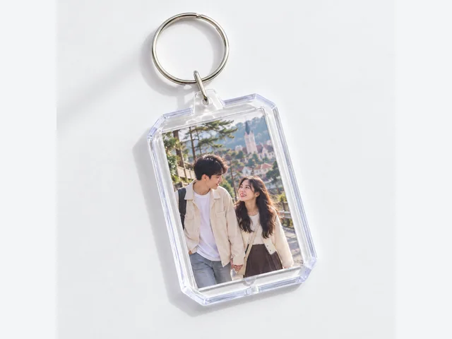 Hình minh họa một móc khóa NFC vỏ trong suốt, lồng ảnh in theo yêu cầu.